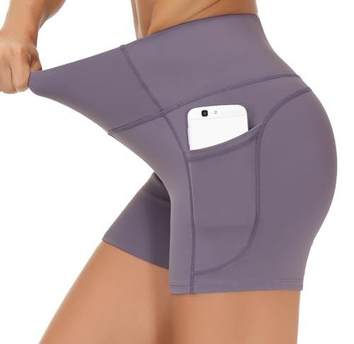Image of THE GYM PEOPLE High Waist Yoga Shorts for Women's Tummy Control Fitness Athletic Workout Running Shorts with Deep Pockets