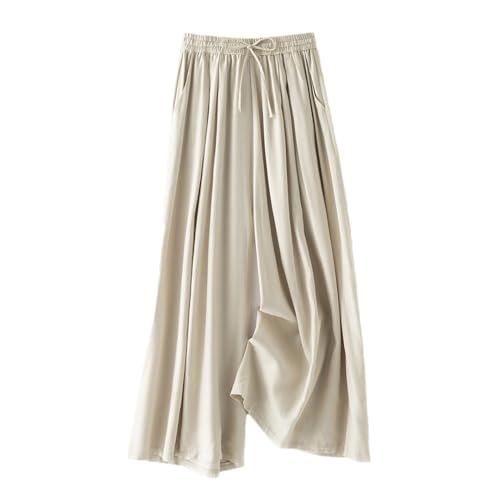 Womens Silk Wide Leg Pants Elastic Waist Summer Loose Pockets Lace-Up Flowy Pants