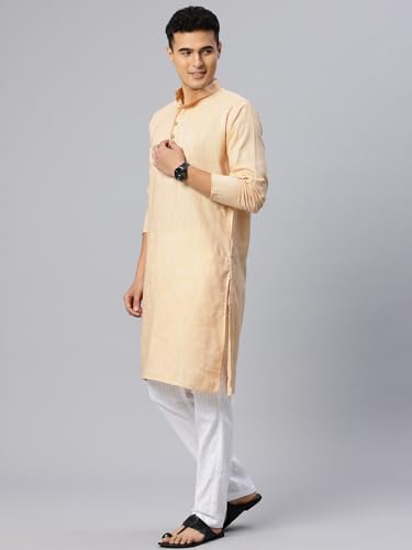 Image of Majestic Man Men's Cotton Regular Fit Traditional Mandarin Collar Ethnic Motifs Solid Long Kurta