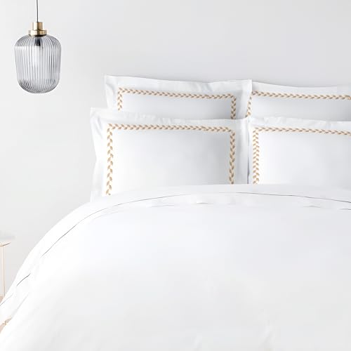 Image of Pure Cotton 500 TC Pillow Cover Set | Greek Embroidered Pillow Cover Set | Percale Weave | 18 X 27 Inches (2, Golden Leaflets)