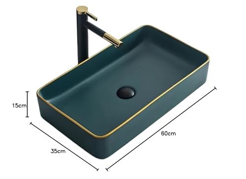 Image of OSOSAM Designer Ceramic Tabletop Basin - Green & Gold Line Slim Rim Vessel Sink for Bathroom & Living Room (24x14x5.5 Inch)