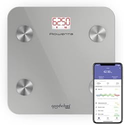 Imc Bascula Rowenta Goodvibes Life BR9600 - Báscula de baño inteligente con medidor de grasa corporal e IMC, gran pantalla LED, plataforma de vidrio, hasta 160kg de capacidad