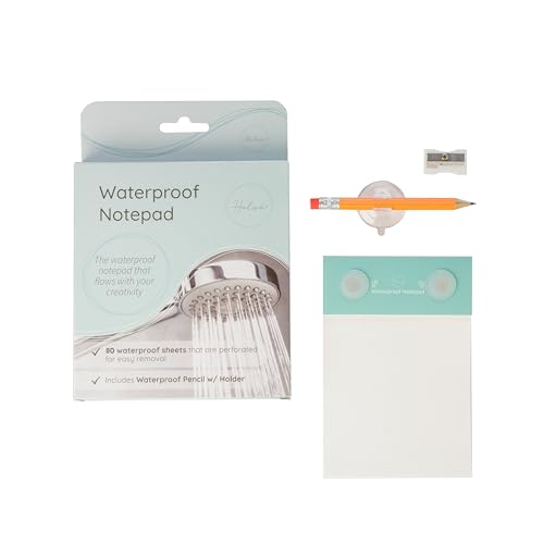 Halsa Waterproof Shower Notepad 80 Sheet Tear-Off Pad with Pencil Sharpener & Suction Cups Waterproof Paper Notebook for Shower Bath Rain All Weather Writing Pad