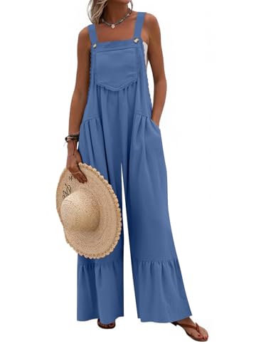 Dokotoo Women\'s Lace Casual Overalls Summer Jumpsuit Loose Baggy Wide Leg Ruffle Pants Rompers with Pockets,Myosotis Medium