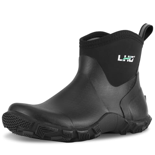 LHG Men's Ankle Rain Boots Waterproof Rubber Neoprene Insulated Non Slip Durable Slip On Outdoor Mud Garden Yard Work Boots, Size 11 Black
