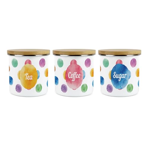 Purely Home Polka Dots Tea, Coffee & Sugar Storage Canisters - Multicoloured Spotty Housewarming Kitchenware Set - Metal/Enamel Tea Storage Container Gift Set of 3