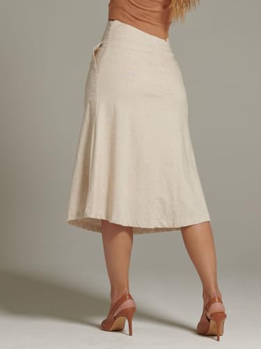 Saia midi com bolsos linho com elastano (ref 02277) (M, BEGE)