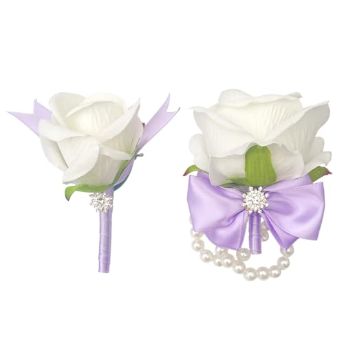 XINGXIA Ivory Rose Corsage and Boutonniere Set Corsage Wrist and Men Boutonniere for Wedding Prom Party Suit Decorations, Lavender Ribbon