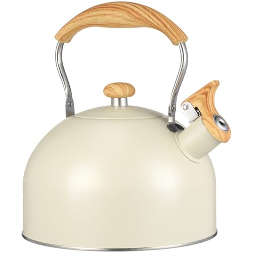 2.5L Stainless Steel Whistling Tea Kettle for Stovetop with Wooden Handle, Loud Whistle, Flat Bottom, Beige Color