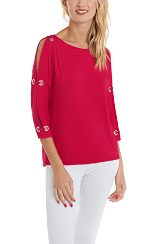 Image of Cable & Gauge Womens 3 /4 Dolman Sleeve Boatneck Cold Shoulder Top with Grommet Detail