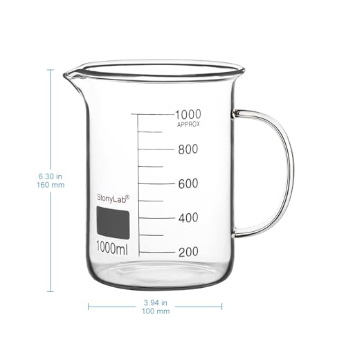 Image of stonylab Glass Beaker with Handle, Borosilicate Glass Graduated Low Form Griffin Beaker with Handle and Pouring Spout, 1000 ml
