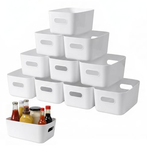 Vexaflow 10 Piezas Cestas Almacenaje de Plástico, con Asa, Cajas Organizadoras para Cocina, Baño, Oficina, Armario, Almacenaje Multifuncional, Cestas Apilables y Espaciosas