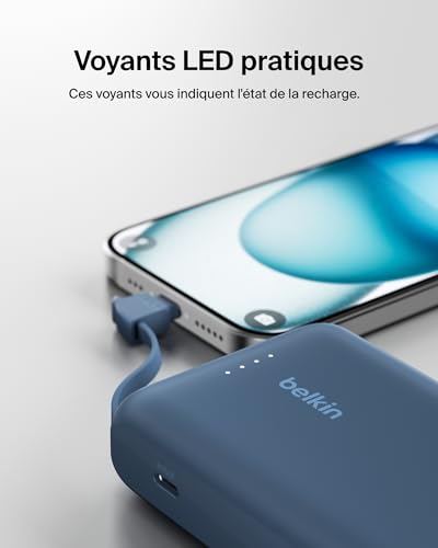 Belkin BoostCharge Batterie Externe 10 000 mAh Portable avec câble intégré (PD 20 W, Recharge Rapide USB-C Power Delivery, pour Tous Les modèles de l'iPhone 16/15, iPad Pro, Galaxy S24, etc.)