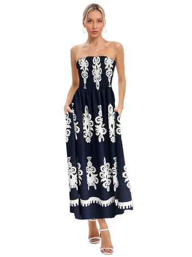 Image of Women Strapless Smocked Flowy Swing Boho Maxi Dress Tube Top Beach Dress | Smocked Bodice Flowy A Line Beach Dress with Pocket Casual Vacation Beach Wedding Guest Dress Off Shoulder Boho Dresses