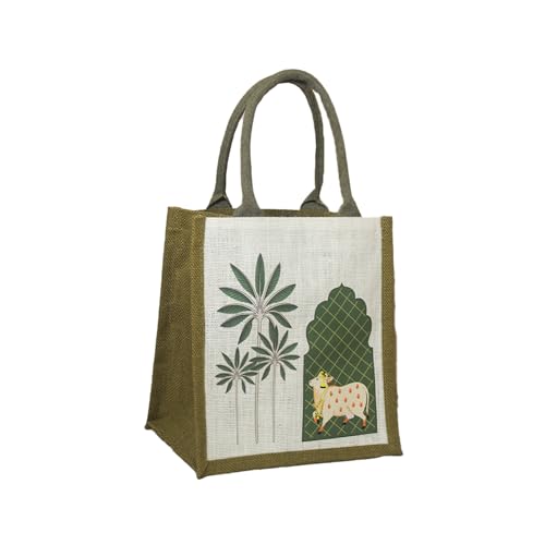 Jute Cottage Eco-Friendly Pichwai Palm Tree Jute Lunch Bag for Men, Women | Handcrafted Reusable Office Tiffin Bag | Stylish Ethnic Tote | Multipurpose Lunchbox Carry Bag | Made in India