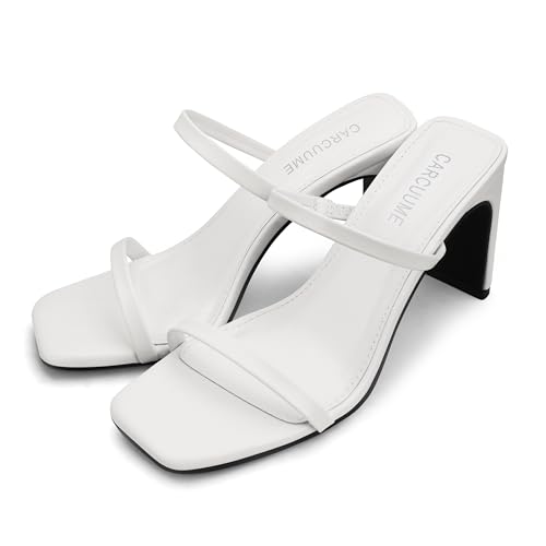 Image of Carcuume Women's Square Toe Two Strap Open Toe Block Heels Sandals Slip On Shoes