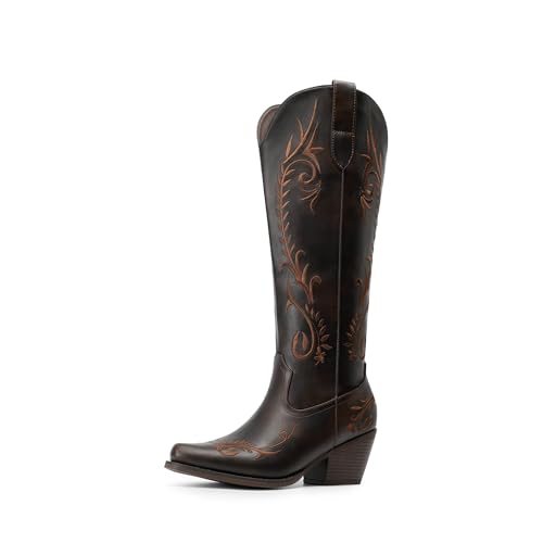 Image of DREAM PAIRS Womens Cowboy Boots Knee High Western Retro Embroidered Cowgirl Boots Comfortable Square Toe Tall Boots,Size 8,Dark Brown,SDKB26003W