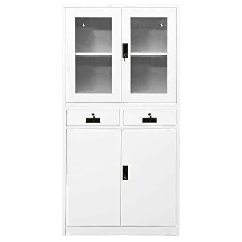 FIRBNUS Armario de oficina blanco 90 x 40 x 180 cm de acero y cristal, armario vestidor, armario de hierro, armario de oficina, estantería cerrada con puertas de armarios de oficina, armario con llave