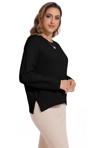 Women's Crewneck Long Sleeve Sweaters 2024 Fall Winter Loose Casual Ribbed Knit Side Slit Pullover Tops2