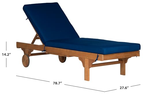 Image of SAFAVIEH Outdoor Collection Newport Natural / Navy Cushion Built-in Side Table Adjustable Chaise Lounge Chair