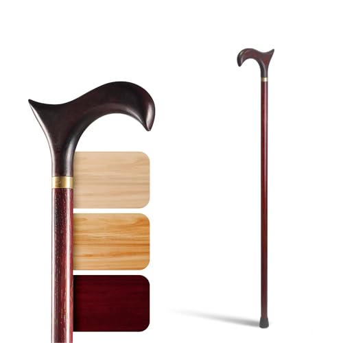 Cane Masters Handmade Wooden Derby Walking Cane - Highly Durable American Hickory Walking Stick, Ergonomic Derby Handle, Anti-Slip Rubber Tip, Wood Cane for Seniors (Crimson, 38