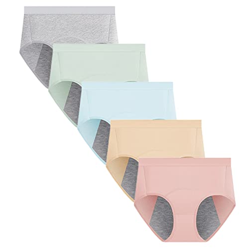 Yintry Bragas de período Menstrual para Mujer, Ropa Interior de algodón a Prueba de Fugas, Pantalones de protección de Flujo Pesado, Calzoncillos Transpirables, Paquete de 5 (M, 5Color)