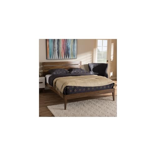 HomeStock Walnut Wood King Platform Bed - Mid-Century Modern Headboard - Solid Wood Bed Frame