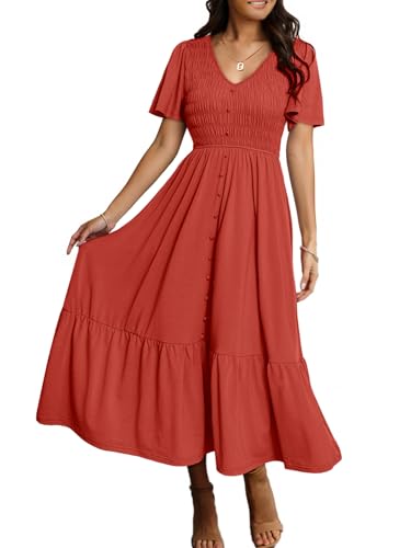 Image of Simplee Womens Summer Smocked Flowy Dress - Casual Flutter Sleeve Tiered Boho Maxi Dresses with Pockets