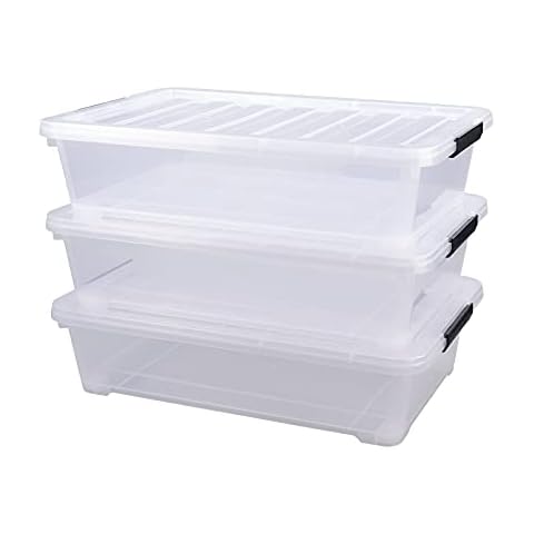 Vareone Set of 3 Large Plastic Under Bed Bin with Lids, Large Latch Storage Box, 40 L, Clear Cover
