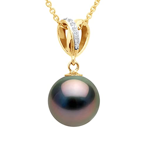PEARLS & COLORS - Pendentif Perle de Culture de Tahiti Ronde 10-11 mm - Qualité A+ - Diamant 0,030 Cts Qualité HSI - Véritable - Disponible en Or Jaune & Or...