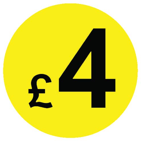 £ Yellow & Black Price Stickers - 20mm, £4, 1000
