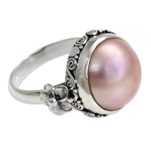 NOVICA Artisan Handmade Pearl Flower Ring Floral Sterling Silver Cocktail Pink Indonesia Birthstone [crownbezel 0.4 in H x 0.6 in Diam. Band Width 3 mm W]  Love Moon