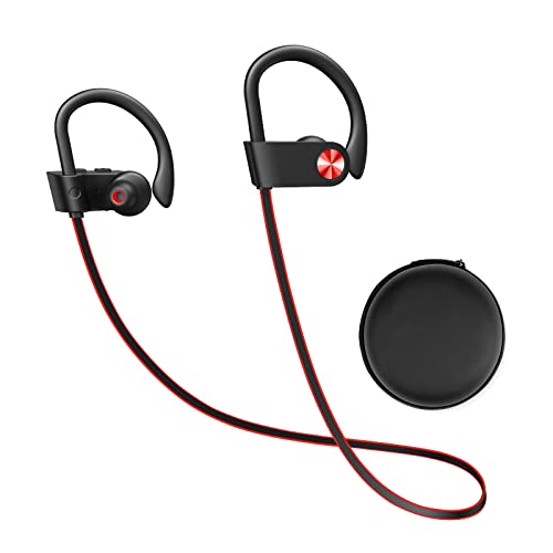 Bluetooth Headphones V5.0, Sports Wireless Earphones with 12 Hours Playtime, IPX7 Waterproof Running Headphones for Gym Workout, Bass+ HD Stereo in-Ear Earbuds with Built-in Mic, RedBlack