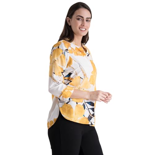 Image of FableStreet Women Shirt Work & Casual | Relaxed Fit Mandarin V-Neck Three-Quarter Sleeves Solid Pattern | Breathable Woven Fabric for Office & Everyday Wear