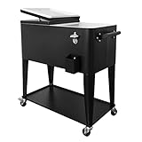 Rolling Cooler Cart Ice Chest for Outdoor Patio Deck Party Portable Bar Cold Drink Beverage Carts, Backyard Cooler Trolley on Wheels with Shelf, 80 Quart Cooling Bins, Bottle Opener, Black