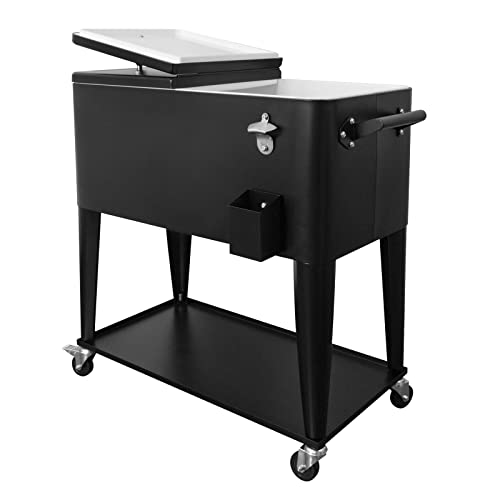 Rolling Cooler Cart Ice Chest for Outdoor Patio Deck Party Portable Bar Cold Drink Beverage Carts, Backyard Cooler Trolley on Wheels with Shelf, 80 Quart Cooling Bins, Bottle Opener, Black