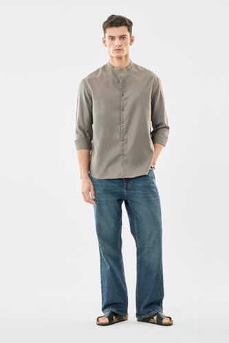 Image of SNITCH Men Casual Shirt | Oversized Fit Full Sleeve Mandarin Collar Solid Design | Modal Blend & Breathable Fabric for Everyday Wear & Semi-Formal Occasions