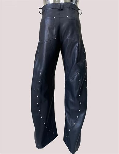 Men's Black Coating Pu Leather Twisted High Waist Rivet Punk Style Rock Fashion Slim Fit Trousers4