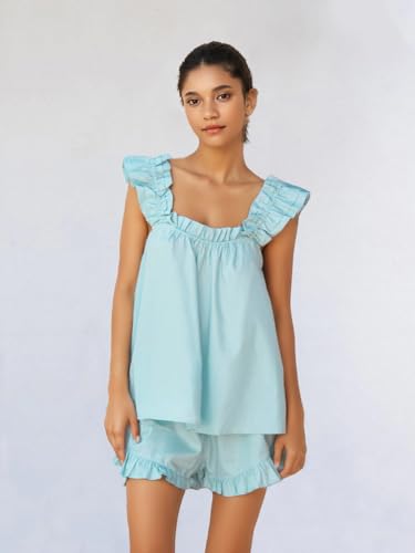Image of Womens Summer 2 Piece Set Fashion Ruffle Trim Cami and Casual Shorts Set Cotton Pajama Sets