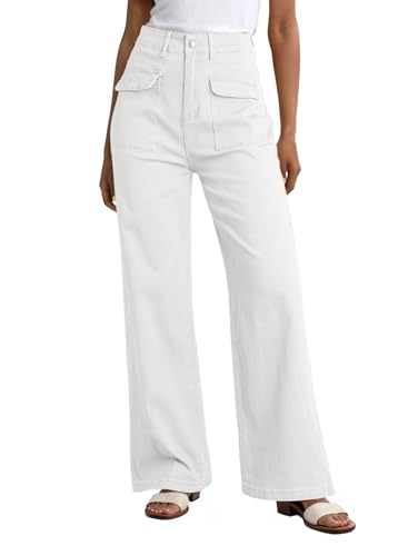 Dokotoo White Wide Leg Pants Cargo Jeans Women Baggy High Waisted Womens Pants Work Dress 2025 Casual Trendy Outfits Fashion Clothes Clothing Trousers Teacher Palazzo