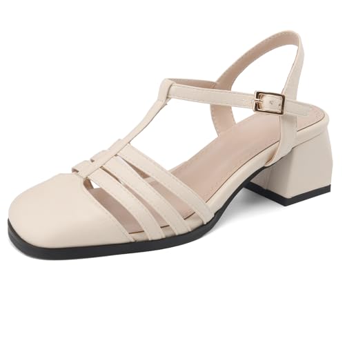 Block Heel Rome Sandals for Women Closed Square Toe T-Strap Pumps Shoes Elegant Buckle Strap Wedding Party Dress Sandals