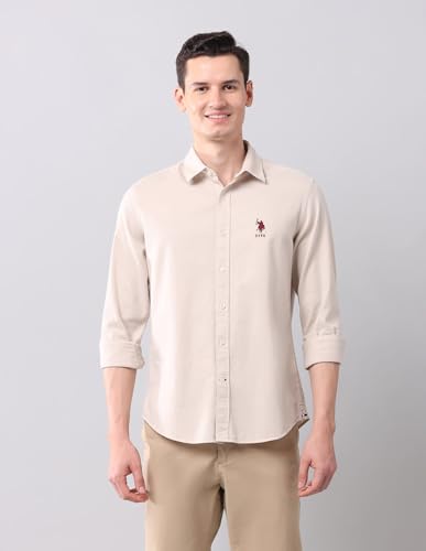 Image of U.S. Polo ASSN. Solid Slim Fit Shirt for Men - 100% Cotton, Breathable & Comfortable, Full Sleeves Casual Shirt for Men