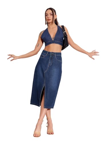 Image of Miss Chase Women's Regular High Rise Above Knee Stretchable Denim Skirt