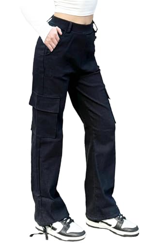 Nuofengkudu Rectos Pantalones Cargo Mujer Puños Ajustables 4 Bolsillos Pantalon Elasticos Cintura Alta Deportiva Trabajo Largos Pantalón Y2K Adolescentes Goticos Punk Jogger Casual Moda Negro S