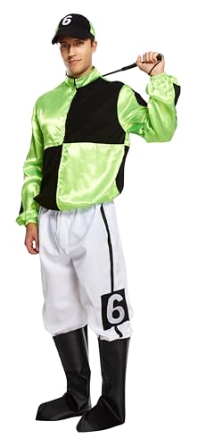 HENBRANDT Adult Mens Green and Black Horse Jockey Outfit with Peaked Hat and Boot Covers Sports Fancy Dress Costume Racing Jockey Dress Up Outfit One Size Mens Fancy Dress Costume