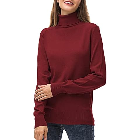 Woolicity Women Long Sleeve Turtleneck Knit Sweater Classic Fit Lightweight Pullover Casual Jumper, Red Wine, Small Cover