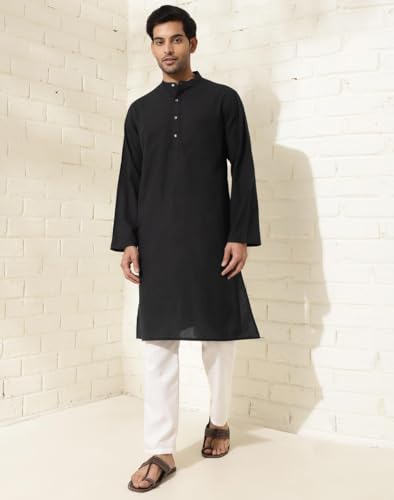 Fabindia Men's Cotton Woven Relaxed Kurta (1037837Black_Black
