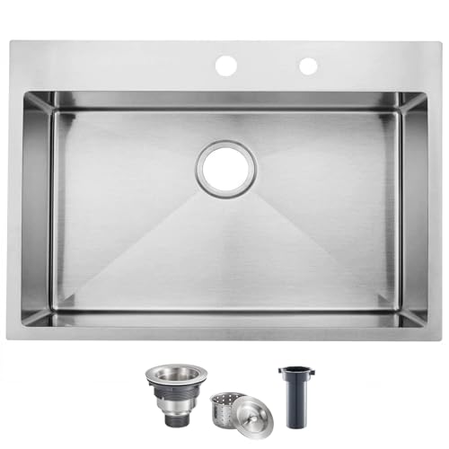 KINGO HOME 28 Inch Drop in Kitchen Sink, 28x20 Inch Brushed Nickel RV Laundry Utility Sink, Top Mount 16 Gauge Stainless Steel Single Bowl Deep Small Kitchen Sinks