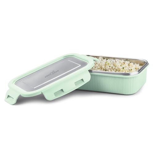 MILTON Cool Touch Rectangular 600 Stainless Steel Container, 580 ml, Aqua Green | Microwave Safe | Food Grade | BPA Free | Refrigerator Safe