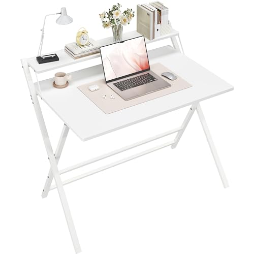 Yaheetech Bureau d'Ordinateur, Bureau Pliable 100cm en L, Table d'écriture avec Petit Étagère Surélevée et Pieds en Forme X, pour Chambre Salon d'étude...